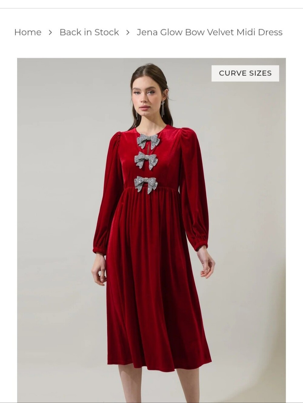 Sugarlips Red Velvet Long Sleeve Dress with Silver Bow Accents